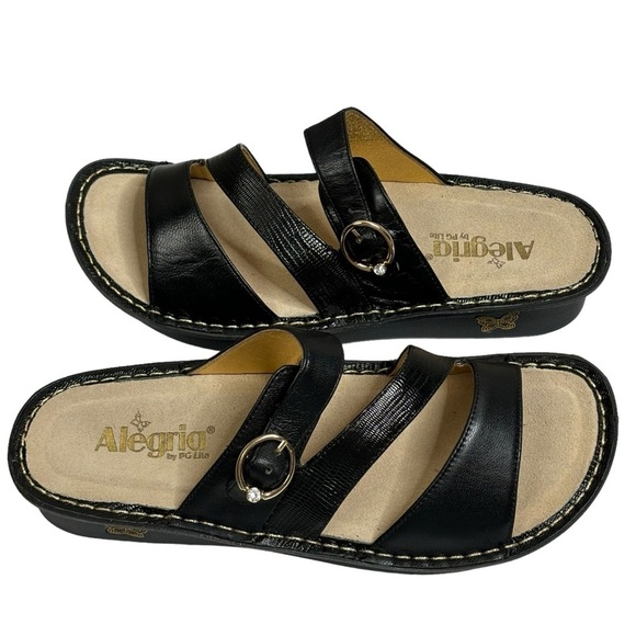 Alegria Black Pebble Leather Reptile Accent Adjust Ankle Strap Gold Buckle Sz 10 - Picture 9 of 14